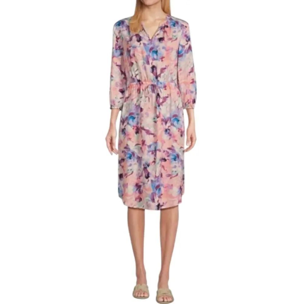 Westbound Woven Floral Whips Print V-Neck 3/4 Sleeve Midi Dress Womem's Large